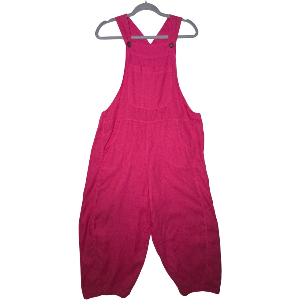 Kleen‎ HOT Pink Linen Cropped Wide Barrel Leg Overalls Jumpsuit Size M Oversized